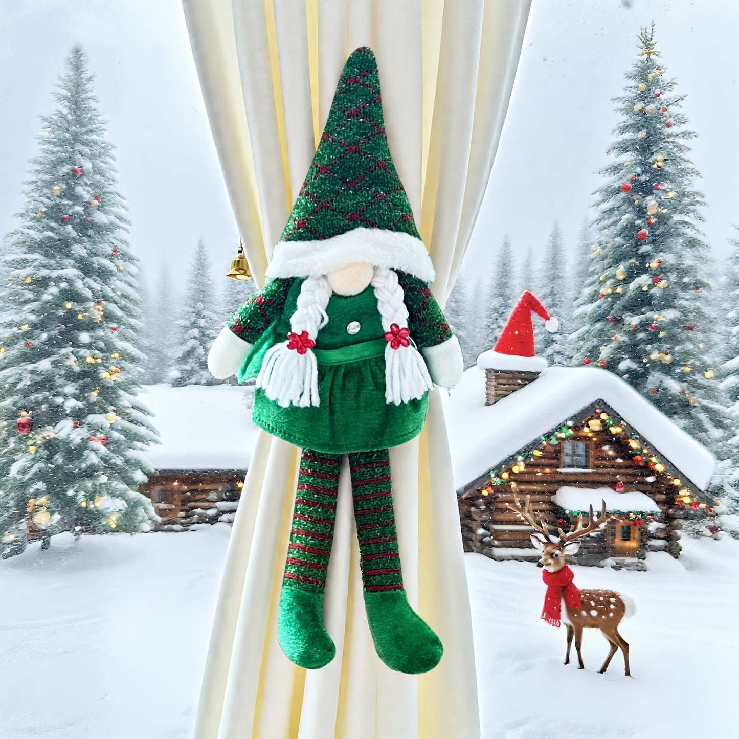 1pc Christmas Curtain Decoration, Tie-Back Curtain Hook, Festive Ornament for Windows, Doors & Trees – Classic Faceless Gnome Design, Holiday Home Décor Accessory