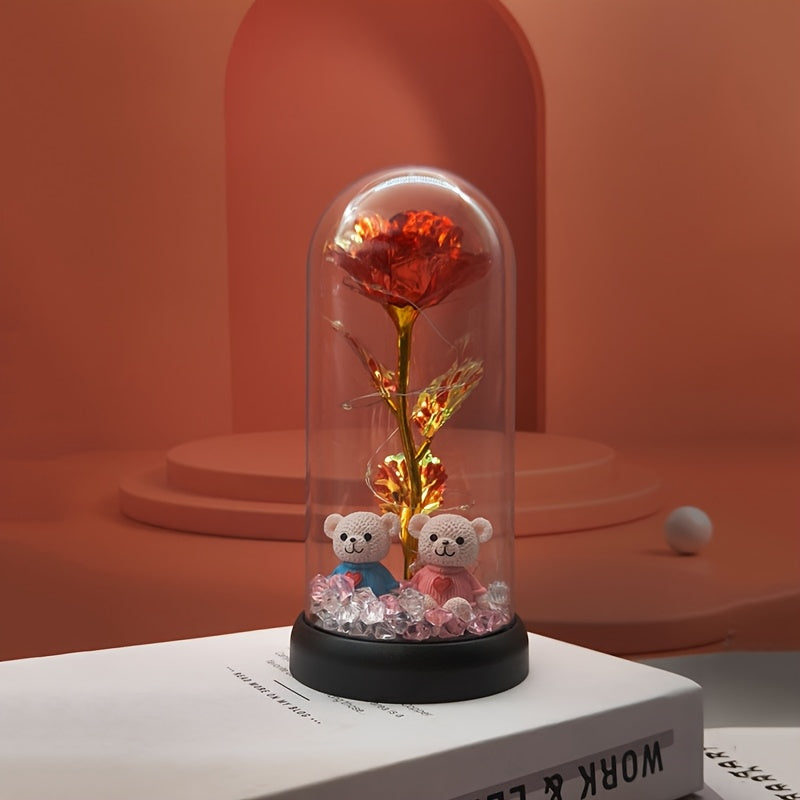 [Christmas Rose & Bear] Christmas Rose & Bear Diamond Crystal Plastic Flower Pot | Battery-Powered (AAA Not Included) | Holiday Gift, Valentine's Day, Mother's Day, Graduation Gifts, Home Decor, Eternal Floral Preserved Bouqu