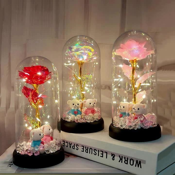 [Christmas Rose & Bear] Christmas Rose & Bear Diamond Crystal Plastic Flower Pot | Battery-Powered (AAA Not Included) | Holiday Gift, Valentine's Day, Mother's Day, Graduation Gifts, Home Decor, Eternal Floral Preserved Bouqu