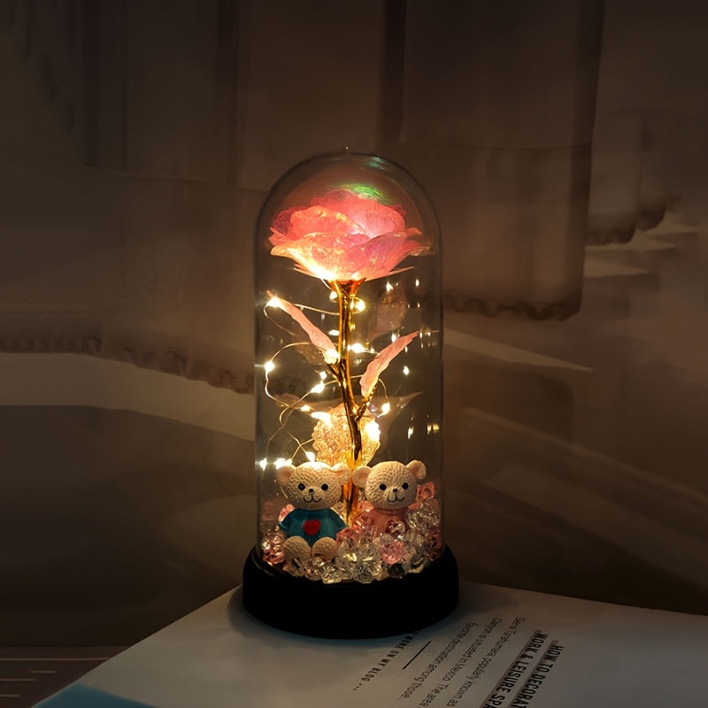 [Christmas Rose & Bear] Christmas Rose & Bear Diamond Crystal Plastic Flower Pot | Battery-Powered (AAA Not Included) | Holiday Gift, Valentine's Day, Mother's Day, Graduation Gifts, Home Decor, Eternal Floral Preserved Bouqu