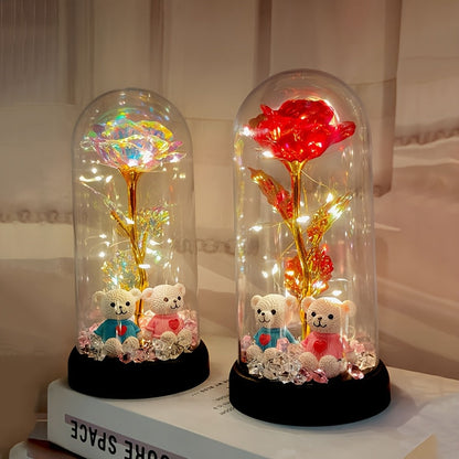 [Christmas Rose & Bear] Christmas Rose & Bear Diamond Crystal Plastic Flower Pot | Battery-Powered (AAA Not Included) | Holiday Gift, Valentine's Day, Mother's Day, Graduation Gifts, Home Decor, Eternal Floral Preserved Bouqu