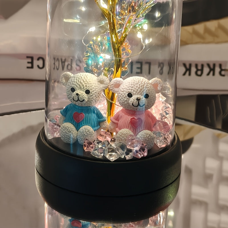 [Christmas Rose & Bear] Christmas Rose & Bear Diamond Crystal Plastic Flower Pot | Battery-Powered (AAA Not Included) | Holiday Gift, Valentine's Day, Mother's Day, Graduation Gifts, Home Decor, Eternal Floral Preserved Bouqu