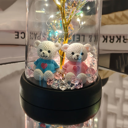 [Christmas Rose & Bear] Christmas Rose & Bear Diamond Crystal Plastic Flower Pot | Battery-Powered (AAA Not Included) | Holiday Gift, Valentine's Day, Mother's Day, Graduation Gifts, Home Decor, Eternal Floral Preserved Bouqu