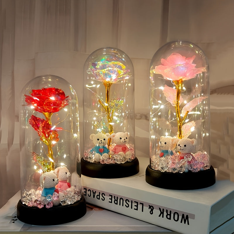 [Christmas Rose & Bear] Christmas Rose & Bear Diamond Crystal Plastic Flower Pot | Battery-Powered (AAA Not Included) | Holiday Gift, Valentine's Day, Mother's Day, Graduation Gifts, Home Decor, Eternal Floral Preserved Bouqu