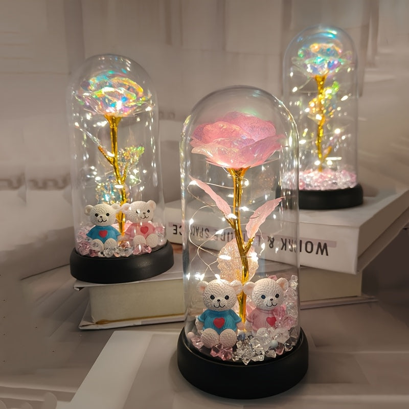 [Christmas Rose & Bear] Christmas Rose & Bear Diamond Crystal Plastic Flower Pot | Battery-Powered (AAA Not Included) | Holiday Gift, Valentine's Day, Mother's Day, Graduation Gifts, Home Decor, Eternal Floral Preserved Bouqu