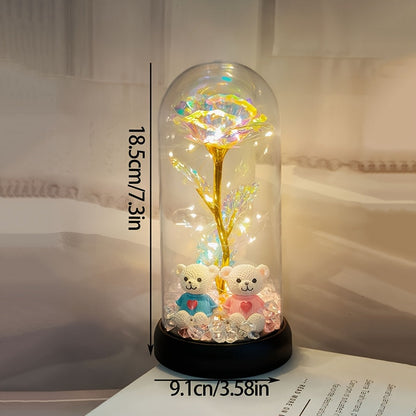 [Christmas Rose & Bear] Christmas Rose & Bear Diamond Crystal Plastic Flower Pot | Battery-Powered (AAA Not Included) | Holiday Gift, Valentine's Day, Mother's Day, Graduation Gifts, Home Decor, Eternal Floral Preserved Bouqu