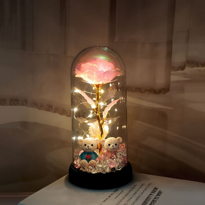 [Christmas Rose & Bear] Christmas Rose & Bear Diamond Crystal Plastic Flower Pot | Battery-Powered (AAA Not Included) | Holiday Gift, Valentine's Day, Mother's Day, Graduation Gifts, Home Decor, Eternal Floral Preserved Bouqu