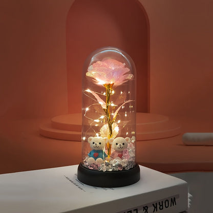 [Christmas Rose & Bear] Christmas Rose & Bear Diamond Crystal Plastic Flower Pot | Battery-Powered (AAA Not Included) | Holiday Gift, Valentine's Day, Mother's Day, Graduation Gifts, Home Decor, Eternal Floral Preserved Bouqu