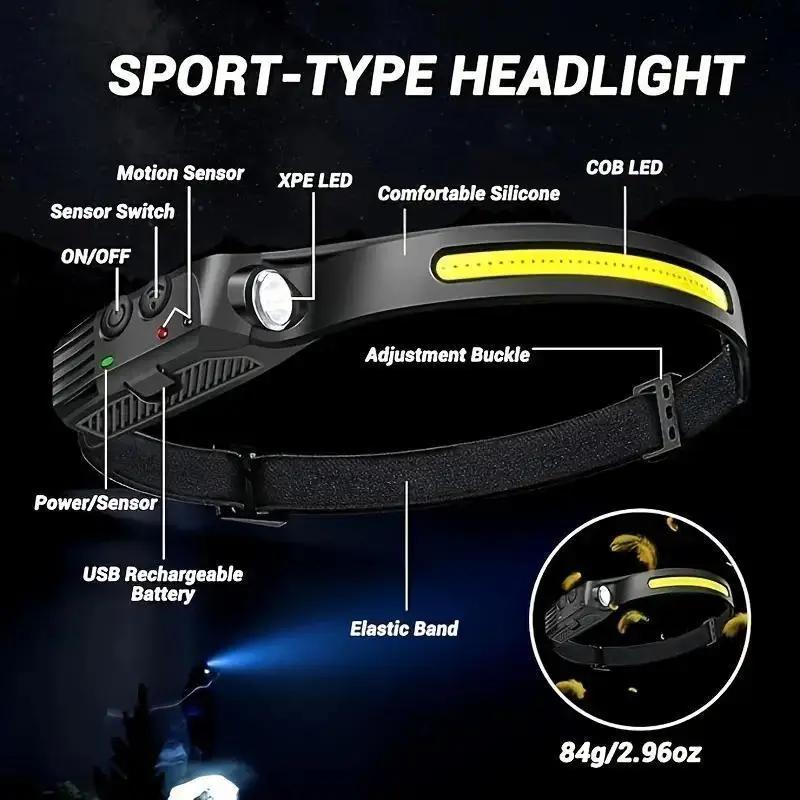 Rechargeable Headlamp with New 1200mAh Battery, 230° Wide-Angle LED and Motion Sensor, Ideal for Running, Fishing, Cycling, Camping, and Repairing