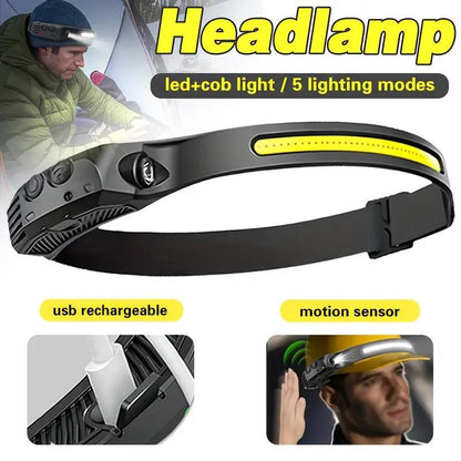 Rechargeable Headlamp with New 1200mAh Battery, 230° Wide-Angle LED and Motion Sensor, Ideal for Running, Fishing, Cycling, Camping, and Repairing